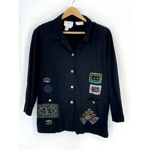 Country Wear Casuals Size Womens Large Top Button Front Black Embellished